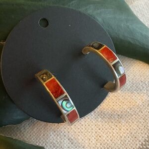 925 Silver, Red Coral and Abalone Earrings